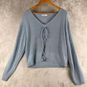 Aster Womens Blue Lace Up V-Neck Ribbed Knit Long Sleeve Sweater Size 2X